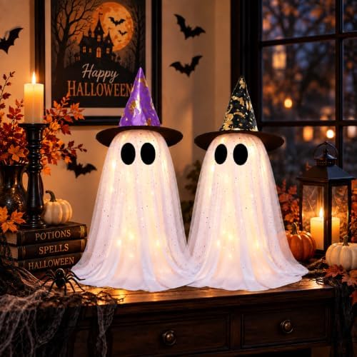 2 Pack Lighted White Ghost Halloween Decorations with Witch Hats, Telescopic Height Adjustable 12.35 to 21.65 Inches, 8 Lighting Modes Battery Operated, Halloween Indoor Decor for Table Mantel by Envotek