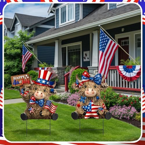 Amyhill 2 Pcs 4th of July Metal Outdoor Decor Garden Stakes Patriotic Highland Cow Welcome Yard Signs Decorations Red White Blue Garden Stakes for Independence Memorial Day Patio Lawn Walkway Outside - Image 4