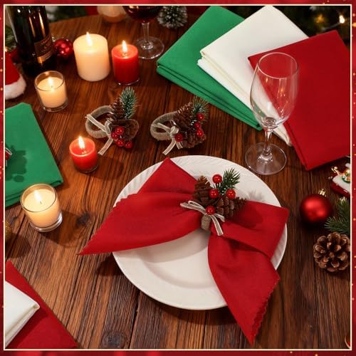 LemonRoad 36 Pcs Christmas Cloth Napkins and Napkin Ring Holders, Reusable Fabric with Pine Needle Red Fruit Napkin Rings for Xmas Table Decor, Banquet, Holiday Dinner Party, Wedding Party Supplies - Image 2