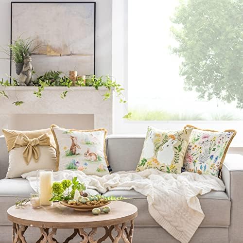 Phantoscope Pack of 2 Happy Easter Throw Pillow Covers - Tassel Trimmed Printed Colorful Flowers and Rabbits Spring Farmhouse Decorative Easter Pillows, Beige, 18x18 Inches - Image 6