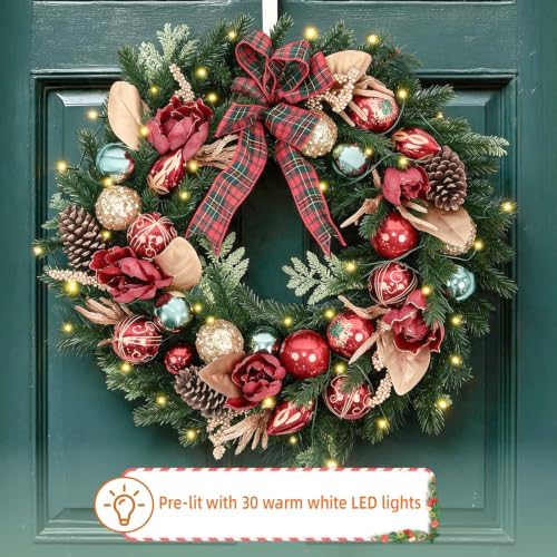 24 Inch Lighted Magnolia Christmas Wreath with 30 Warm White LEDs and Timer, Battery Operated Pre-Lit Artificial Wreath with Magnolia Flowers, Pinecones, Bow and Ornaments for Front Door - Image 6