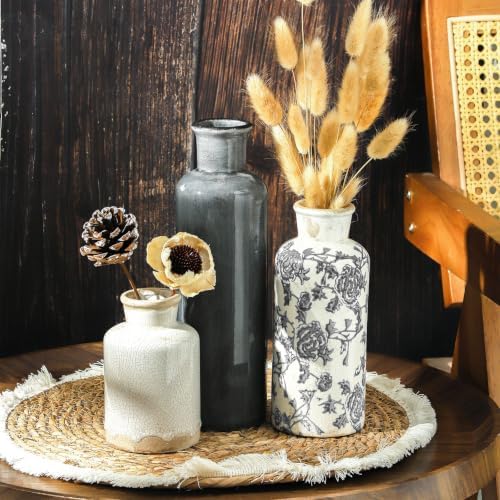 Ceramic Vintage Vase Set of 3, Vintage Flower Vases Home Decor Chinoiserie Decorative Retro Floral Vase Rustic Farmhouse Decor for Table Bookshelf Mantel Kitchen Living Room Office - Gray - Image 4