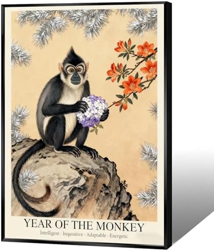 Elegant Chinese Zodiac Wall Art - Lunar Year of the Monkey Poster with Purple Hydrangeas and Orange Rhododendrons for Home Aesthetics and Room Decor 24X36 in Wrapped Framed by Unknown