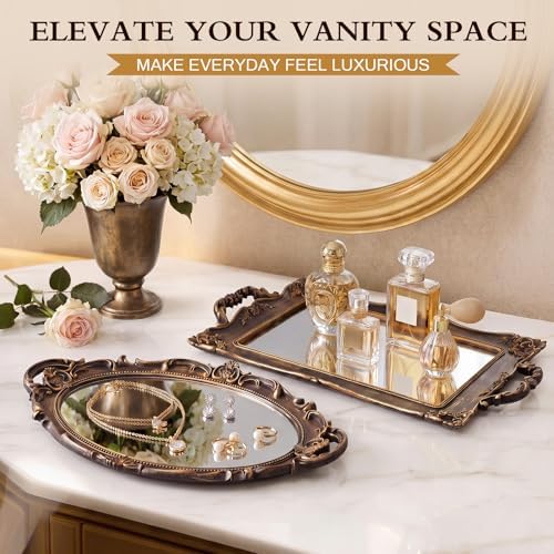 Reallnaive 2 Pcs Vintage Gold Mirror Tray Set, Antique Gold, Gothic - Image 5