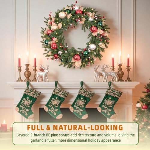 28 Inch Lighted Christmas Wreath with 50 Warm White LEDs and Timer, Battery Operated Pre-Lit Artificial Wreath with Christmas Ornaments and Gold Mesh Leaves for Front Door and Mantel - Image 2