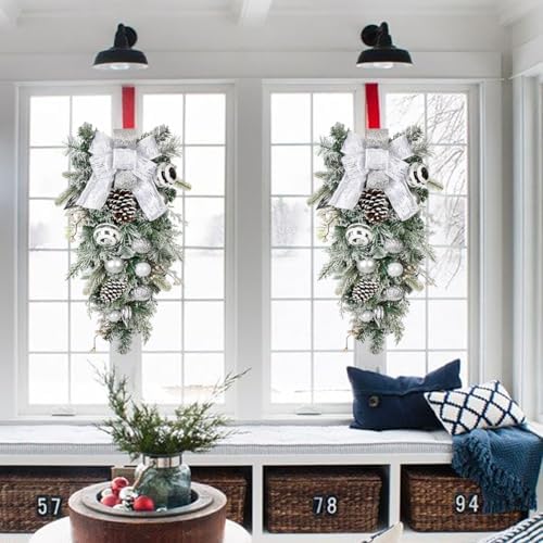 30" Christmas Teardrop Swag for Front Door Artificial Winter Swag Garland with Pine Cones, Berry Clusters, White Ball Ornaments and Ribbons for Thanksgiving Holiday Christmas Decoration - Image 6