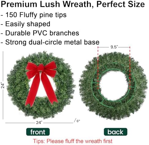 24in Pre Lit Christmas Wreath with Lights & Timer & Remote - 50 Multi-Colored LEDs, 8 Lighting Modes - Lighted Christmas Wreath with Hanger & Red Bow for Christmas Indoor Front Door Porch Decorations - Image 3