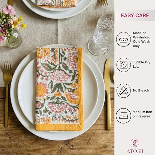 ATOSII Cotton Blockprint Cloth Napkins, Clover Yellow, Set of 4, 20" X 20" - Image 6