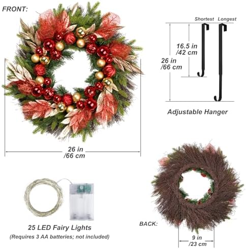 26” Christmas Wreath with Lights Hanger for Front Door Golden Red Balls Gilded Forest Foliage Artificial Evergreen Fir Winter Outdoor Décor Indoor Wall Decorations - Image 3