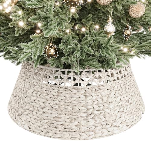 ELYKEN 28 Inch Woven Rattan Christmas Tree Collar, Stylish Seagrass & Water Hyacinth 5-Piece Xmas Tree Skirt for Artificial Trees, Wicker Tree Base Cover with Cord Cut-Out for Home Decor by ELYKEN