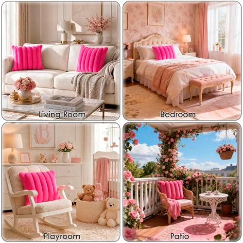 Faux Fur Decorative Throw Pillow Covers 20x20 Set of 2, Rose Red - Image 3