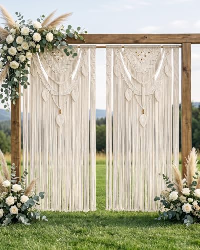 BECHAEO Boho Macrame Curtain with Leaves Tassels, 2PCS 39" x 79" White C by BECHAEO