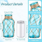 Coastal Glass Vases for Flowers,Boho Rope Mason Jars for Centerpiece,Nautical Beach Decorative Bottles for Home,Bedroom,Bathroom, Beach Wedding Floral Arrangement Decor (2, Aqua Blue) - Image 2