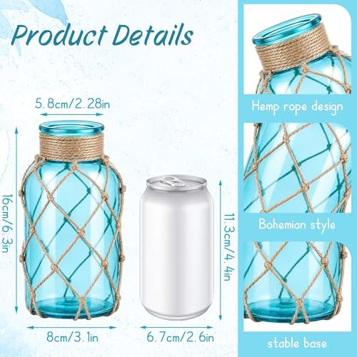 Coastal Glass Vases for Flowers,Boho Rope Mason Jars for Centerpiece,Nautical Beach Decorative Bottles for Home,Bedroom,Bathroom, Beach Wedding Floral Arrangement Decor (2, Aqua Blue) - Image 2