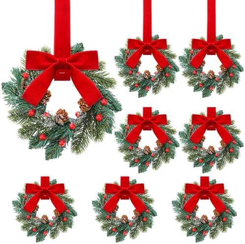 Knitgrip 8 Pcs Mini Christmas Kitchen Wreath with Red Bow Pine Cone Decor by Knitgrip
