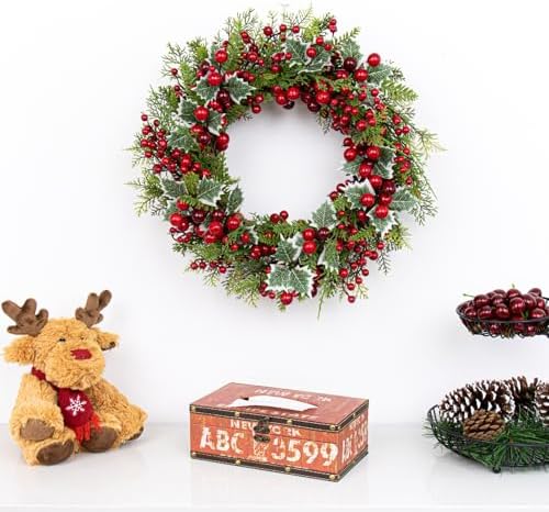 LLZLL Christmas Wreath for Front Door 20 Inch Indoor Christmas Wreaths Artificial Red Berry Wreath with Norfolk Pine and Holly Leaf for Holiday Celebrations - Image 4
