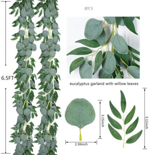 4Pack Artificial Eucalyptus Garland with Willow Leaves Faux Greenery for Wedding Backdorp Arch Wall Table Runner Decor (Green) - Image 2