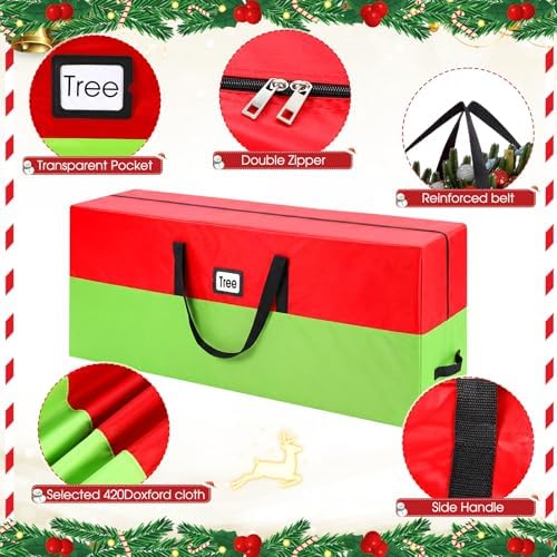 9 ft Christmas Tree Storage Bag Heavy Duty 420D Oxford Artificial Christmas Tree Bag with Reinforced Handles Dual Zippers Card Slot Wide Opening Extra Large Storage Container, Green and Red - Image 3