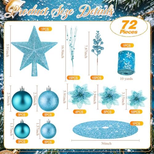 Realspring 72 Pieces Christmas Tree Ornament Set Xmas Assorted Decorations Bulk Glitter Poinsettia Berry Picks Topper Star Sequin Tree Skirts for Home Wreaths Holiday Party Favors (Light Blue) - Image 2