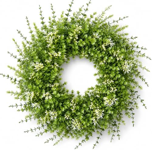 26 Inch Artificial Boxwood Wreath with White Flowers, Large Greenery Wreath by Unknown