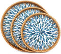 Round Rattan Serving Trays with Mother of Pearl Inlay, Set of 3, Blue by ORDELITE