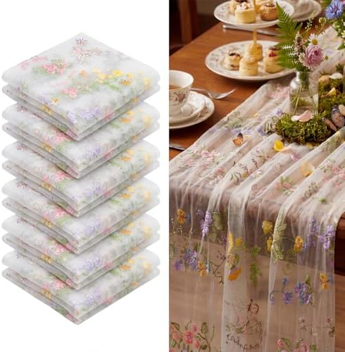 Ivory White Floral Table Runner 10ft Embroidery Tulle Wildflower by Windkream