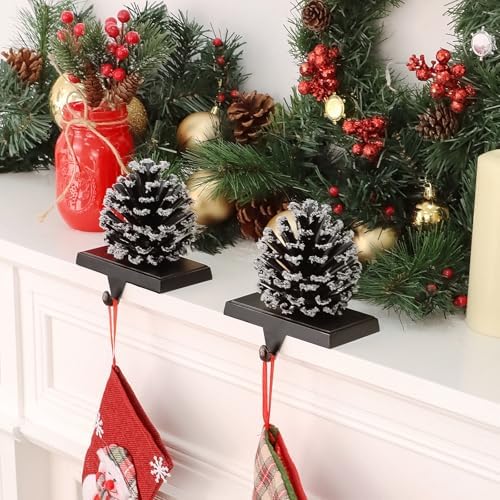 Hxezoc 2 Pack Pine Cone Christmas Stocking Holder with Snowflake, 3D Brown Metal Mantel Stocking Hangers for Christmas Fireplace Mantel Decorations Christmas Holiday Supplies - Image 4