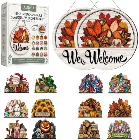 16PCS Interchangeable Welcome Sign for Front Door Seasonal Magnetic Wooden (#5-2pcs) by Unknown