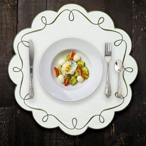 16.5 Inch Ribbon Twirl Embroidery Round Placemats Set of 4, Scalloped Round Table Mats for Party Kitchen Dining Decoration, Green - Image 6