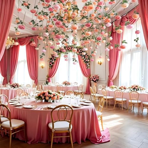 Lyrow 60 Pack Pink Roses Artificial Flowers Bulk Hanging Floating Garland Fake Pink Rose Vine for Ceiling Decoration Wedding Anniversary Bridal Bouquet DIY Floral Arrangement Proposal Romantic Decor - Image 6