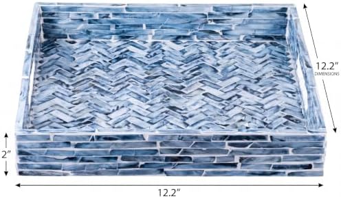 PEMAR Mother of Pearl Square Tray 12x12, Smoky Blue Herringbone Tray - Image 3