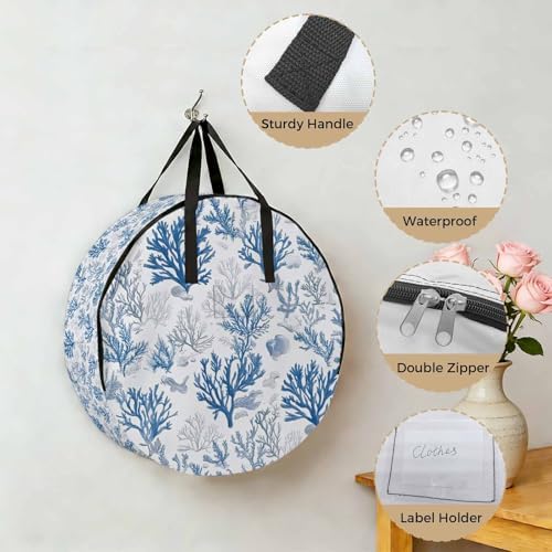 Water Blue Coral Round Storage Bag 24 Inch, Summer Shell Starfish Marine Life Clothes Storage Container with Handles Heavy Duty Organizer for Comforter, Bedding & Holiday Wreaths - Image 5