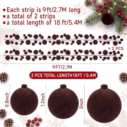 2 Pcs 9 ft Brown Velvet Christmas Ball Ornament Garland - Image 2