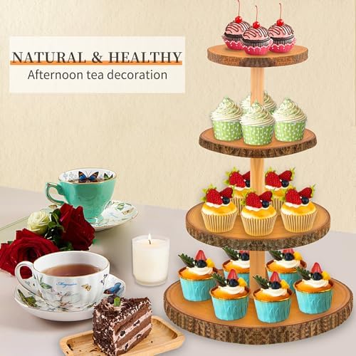Cupcake Stand Wood Dessert Stands 4 Tier Wooden Cupcake Stand - Large Capacity, Bark-Covered, Varnished, Multi-Functional for Weddings, Baby Showers, and Parties. - Image 5