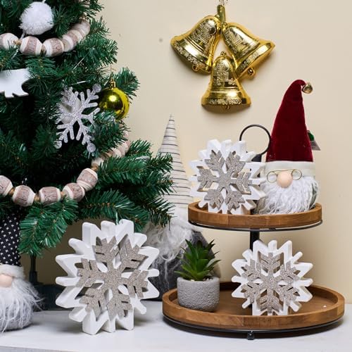 GENMOUS & CO. Farmhouse Tiered Tray Decor with Distressed Wood Bead Garland, Decorative 2 Tiered Serving Tray with Metal Handle for Rustic Home Décor - Image 3