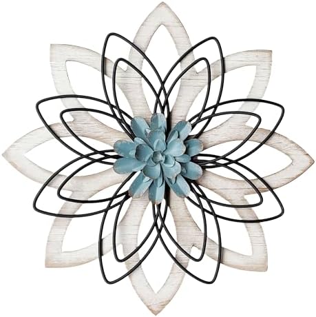 Remenna Metal Flowers Wall Decor, Metal Rustic Wall Art Decoration Farmhouse Wall Decorations Multiple Floral Hanging Decor for Bathroom Living Room Home Office Garden Kitchen (white & blue) by REMENNA