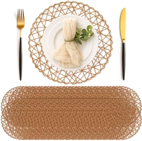 Geosar Round Woven Placemats Bulk Rustic Paper Braided Placemats Boho Natural Non slip Heat Resistant Table Mats for Wedding Party, Dinner Table Centerpiece Decoration, 13 Inch (Light Brown,24 Pcs) by Geosar