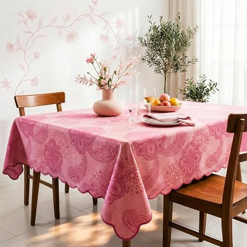 Cotton Damask Print Tablecloth with Scalloped Edge, Machine Washable, Onion Pink, 60 x 120 Inch Rectangle - Image 2