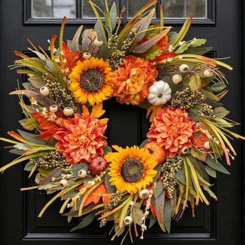 Artificial Fall Wreaths for Front Door 24 Inch Harvest Autumn Leaf Wreath by Pinkpuii