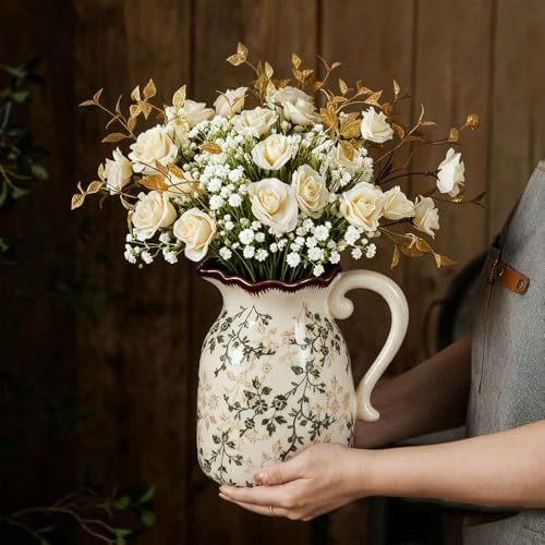 Vintage Ceramic Vase with Handle, Green and Beige Rustic Flower Pitcher Vase for Home Decor, Decorative Vase for Living Room, Bookshelf, Office, Vases for Centerpieces 8 Inch - Image 5