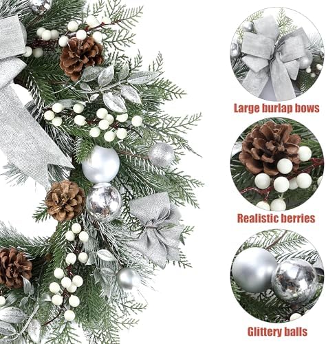 Sggvecsy 20 Inch Artificial Christmas Wreath for Front Door with Pine Needles White Berries Pine Cones Silver Bow Christmas Ball Decorations for Winter Wall Outdoor Home Holiday Xmas Decor - Image 7