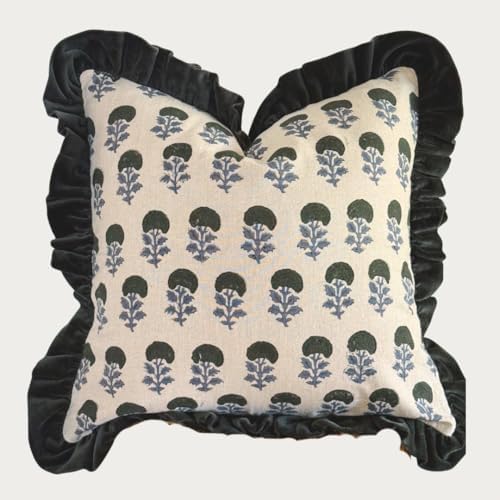 Palm & Loom 100% Cotton Linen Cushion Cover - Aira Decorative Throw Pillow Case with Dark Green & Blue with Ruffle - Modern Traditional Living Room, Bedroom Pillow Cover (Neela, 20" x 20" (Pack of 1)) by PalmLoom