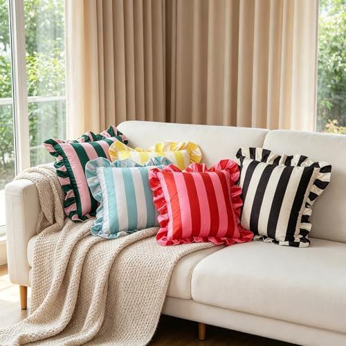 vctops Ruffle Square Throw Pillow Covers Boho Pink and Red Striped Decorative Pillowcases Set of 2, Soft Velvet Accent Cushion Cover Cases for Sofa Bed Living Room Decor (Yellow Beige,18"x18") - Image 5