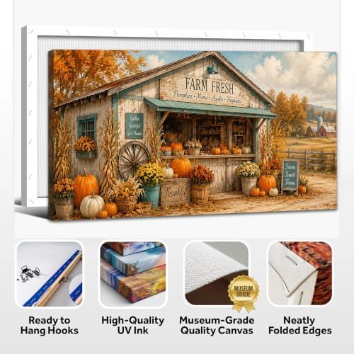 WAXWHELK Farmhouse Fall Canvas Wall Art Rustic Farmhouse Painting Pictures, Farm Fresh Pumpkin Harvest Artwork for Living Room Bedroom Home Decor (16"x32") - Image 6