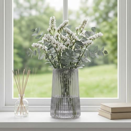 Black Glass Vase for Flower, Flower Vase for Bouquet, Modern Glass Vases, Ribbed Vases for Living Room, Bedroom, Dining Table, Office, Wedding, Centerpieces, 8 Inches - Image 3