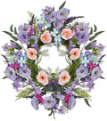 20 Inch Artificial Trumpet Rose Wreath – Purple & Pink Spring Summer Fall Winter Door Decor – PVC+PE Farmhouse Wall Wreath for Indoor Outdoor Use – Lifelike Floral Design by FairyLee