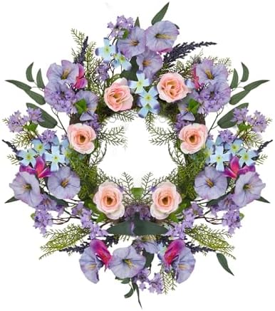 20 Inch Artificial Trumpet Rose Wreath – Purple & Pink Spring Summer Fall Winter Door Decor – PVC+PE Farmhouse Wall Wreath for Indoor Outdoor Use – Lifelike Floral Design by FairyLee