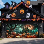 Halloween Garage Door Cover 7x16ft Ancient Tree Spooky Graveyard Glowing Pumpkin Halloween Garage Door Decorations for 2 Car Haunted Castle Hallows' Banner for Party Decoration Background - Image 2