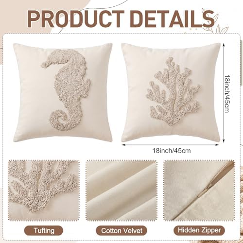 4 Pcs Coastal Beach Pillow Covers 18x18 Starfish Seahorse Coral Sand Dollar Embroidery Nautical Throw Pillow Covers Cushion Cases for Bedroom Sofa Ocean Summer Theme Holiday Home Decoration - Image 2