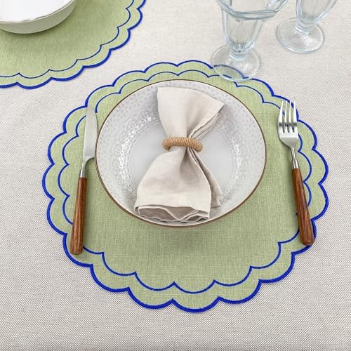 Linen Cotton Placemats Set of 4 Scalloped Flower Embroidery Place Mats 15'' Natural Linen Texture Fabric Machine Washable Table Mats for Restaurant Kitchen,Table Decor(Matcha Green) - Image 4